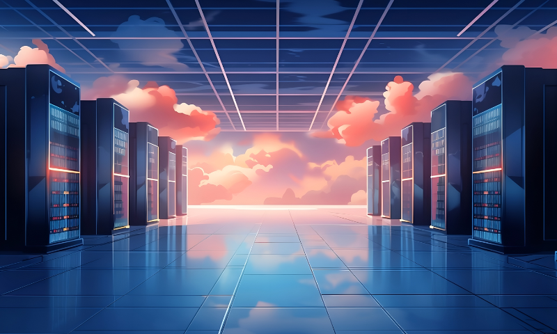 Illustration de serveurs de datacenter sous un ciel bleu et nuageux, avec des nuages rouges évoquant le réchauffement climatique